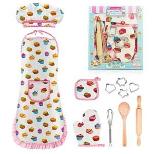 Kid Chef Cooking Set Cupcake Print Apron Hat Mitt Utensil Pretend Play Kitchen
